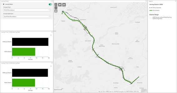 screen grab of trip route and journey time web map - showing how journeys will be impacted by the scheme